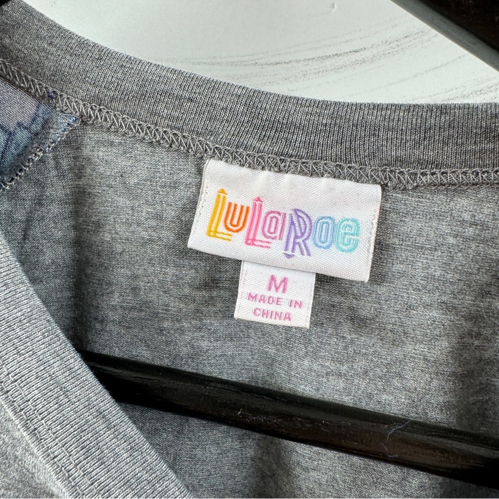 LuLaRoe Randy Top Grey Body Blue Detailed Sleeves Size Medium NWT - Picture 5 of 6